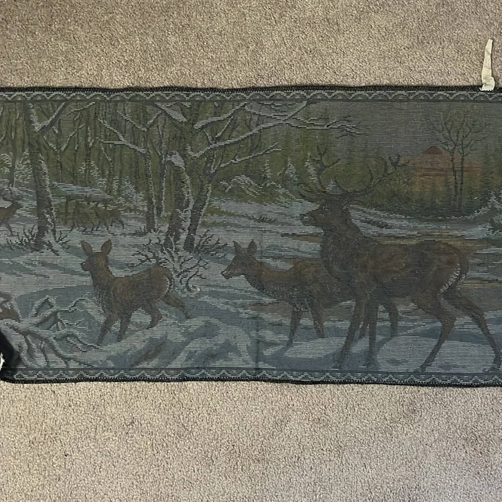 Vintage 70s B.M.S. Deers Winter Woods Velvet Tapestry